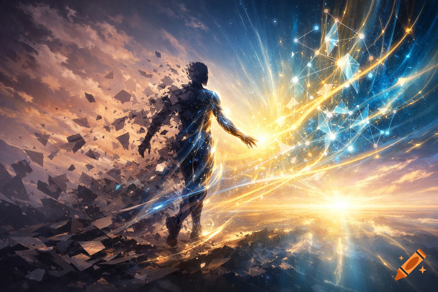 Abstract art of a dissolving human silhouette radiating light and network energy, contrasting warm and cool skies.