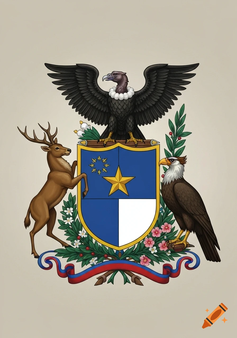 Illustration of the Chilean coat of arms with a condor, a huemul deer, a blue and white shield with a gold star, and a floral wreath.