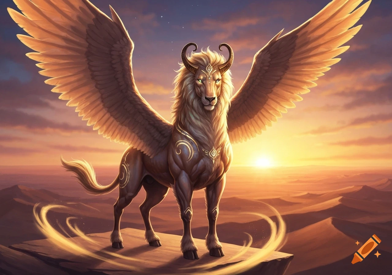 A majestic winged lion-like creature with horns and glowing eyes, adorned with golden markings, stands on a cliff overlooking a desert sunset.