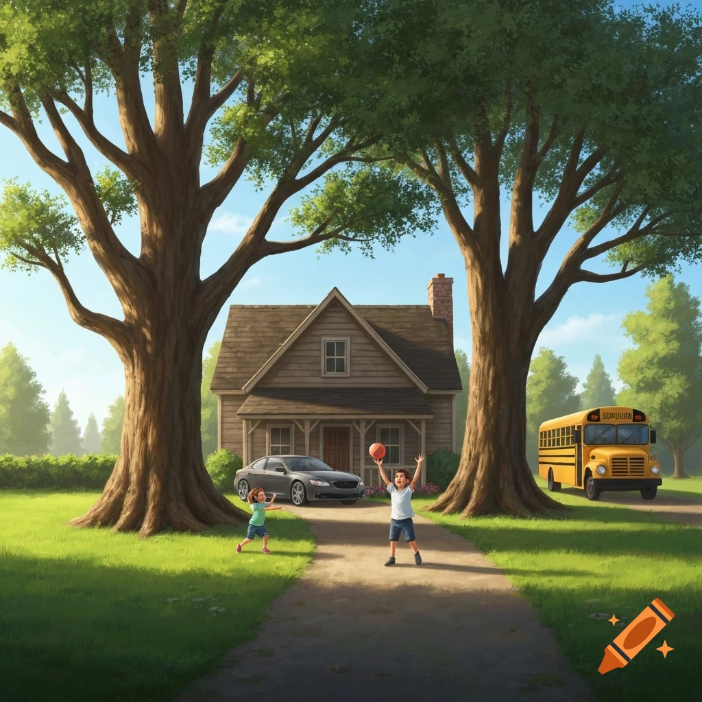 Two children play with a basketball on a dirt path in front of a house, flanked by large trees, with a car and school bus nearby in a detailed illustration.