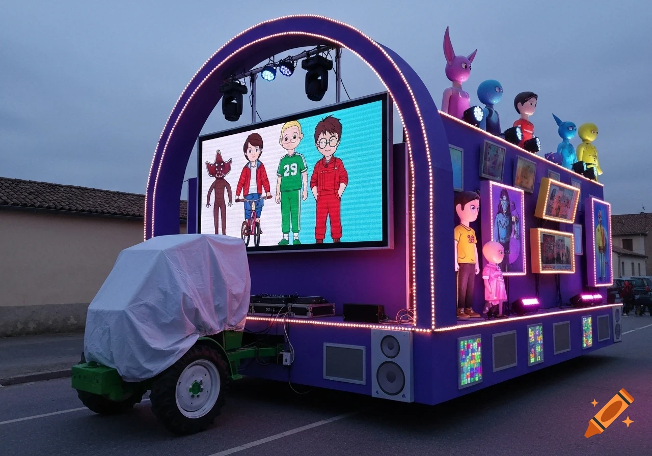 A colorful, cartoon-style carnival parade float inspired by TV series, featuring a large screen displaying animated characters like a Demogorgon and figures in green and red tracksuits. Stylized figurines and LED lights adorn the purple float, pulled by a covered green tractor.