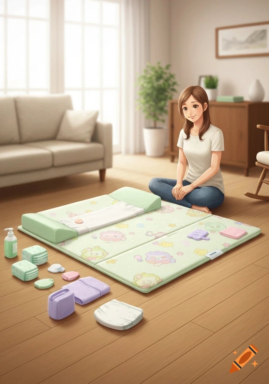 An anime-style image of a smiling woman sitting on a wooden floor next to a large changing mat and baby supplies in a sunlit living room.