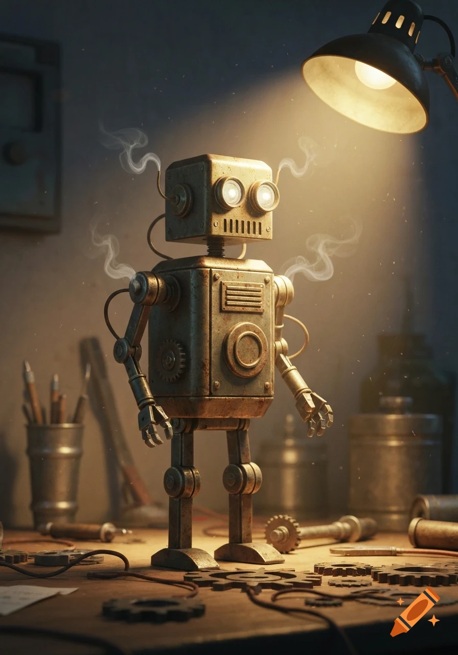 A rusty, steaming steampunk robot stands on a cluttered workshop desk under a bright lamp.