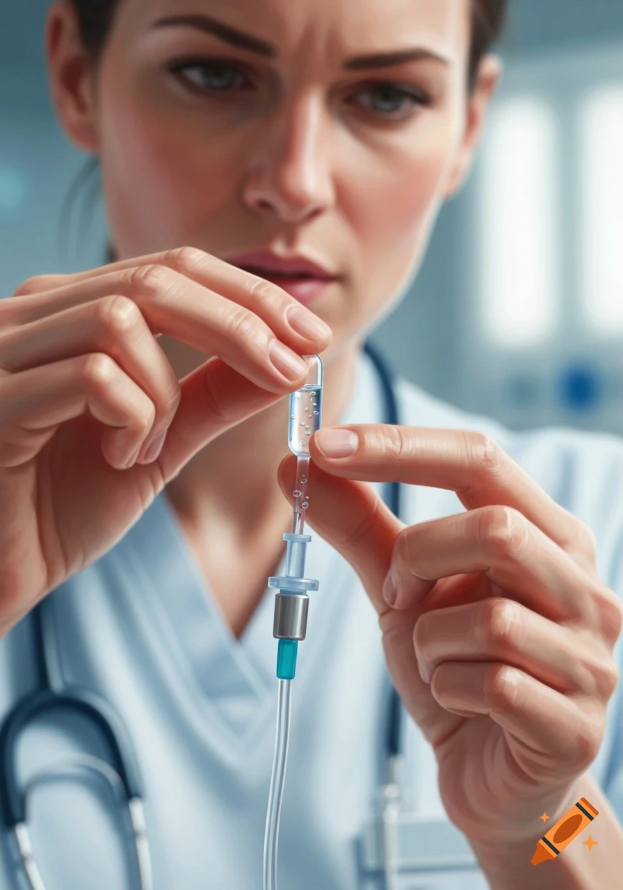 A focused nurse in light blue scrubs and a stethoscope carefully holds and prepares a small IV capsule, looking intently at it.