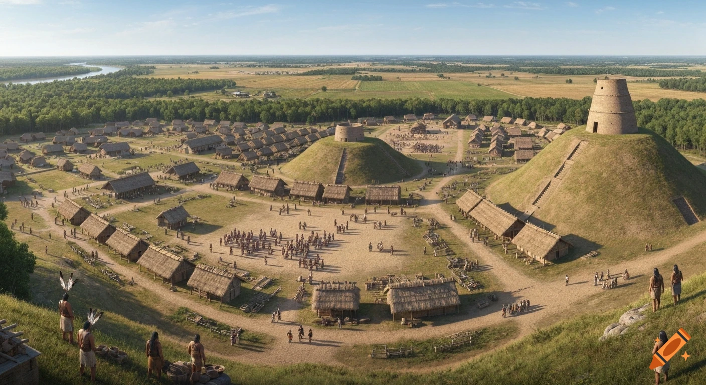 A sweeping panoramic view of a large ancient Mississippian settlement with earthen platform mounds, thatched houses, and people in open plazas, surrounded by fields and a distant river.