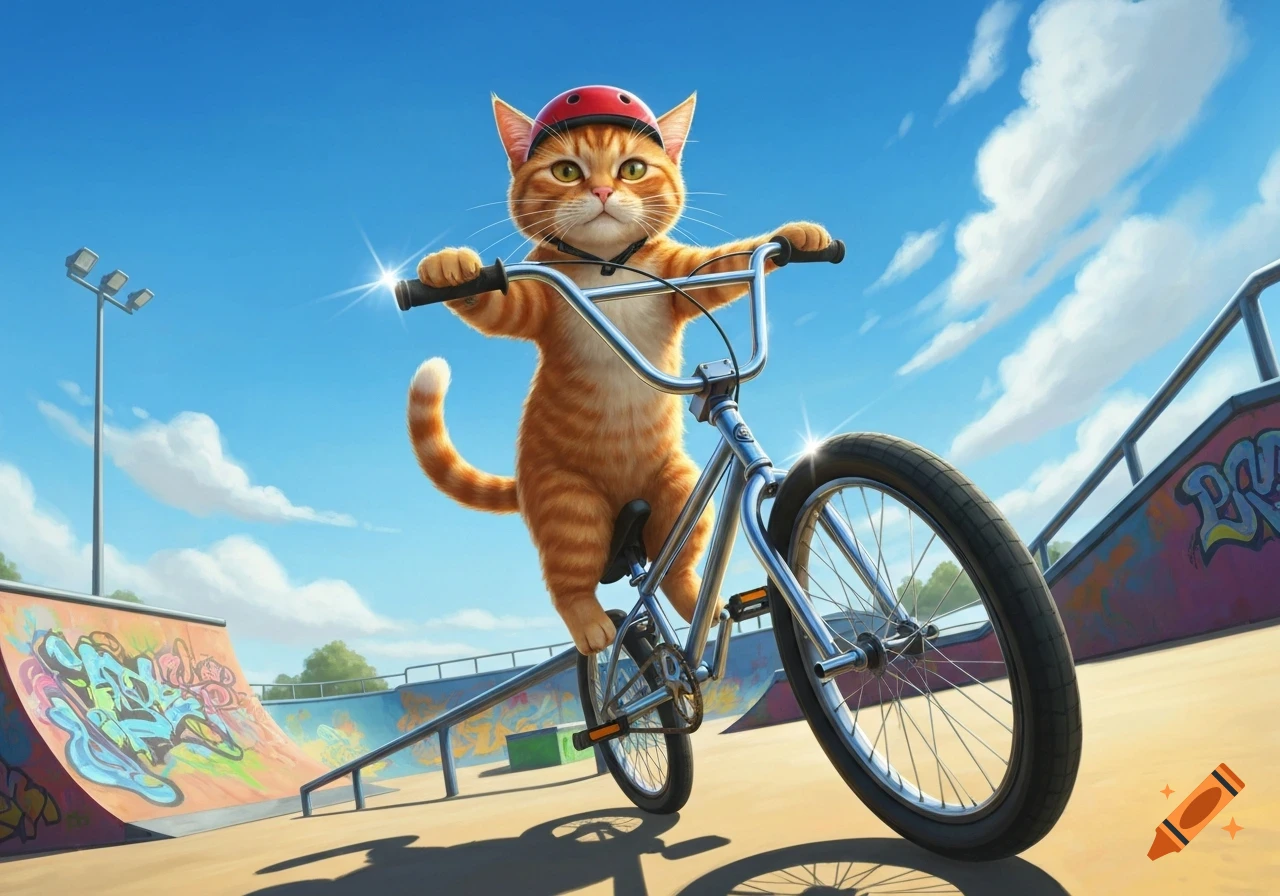 An orange tabby cat in a red helmet rides a BMX bike in a sunny, graffiti-covered skate park.