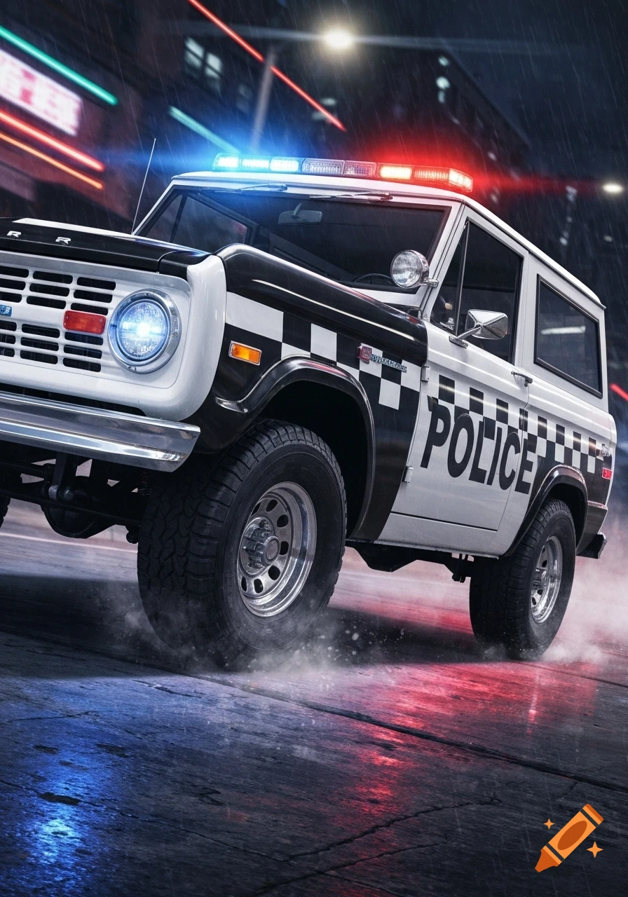 Photorealistic image of a vintage Ford Bronco police car with flashing lights, driving on a wet city street at night.