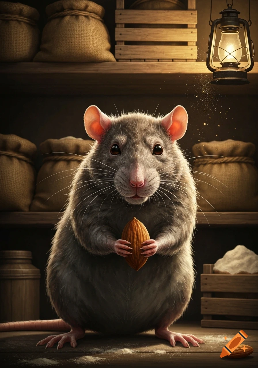 A photorealistic gray rat stands upright, holding an almond with its paws in a dimly lit pantry with sacks and a lantern.