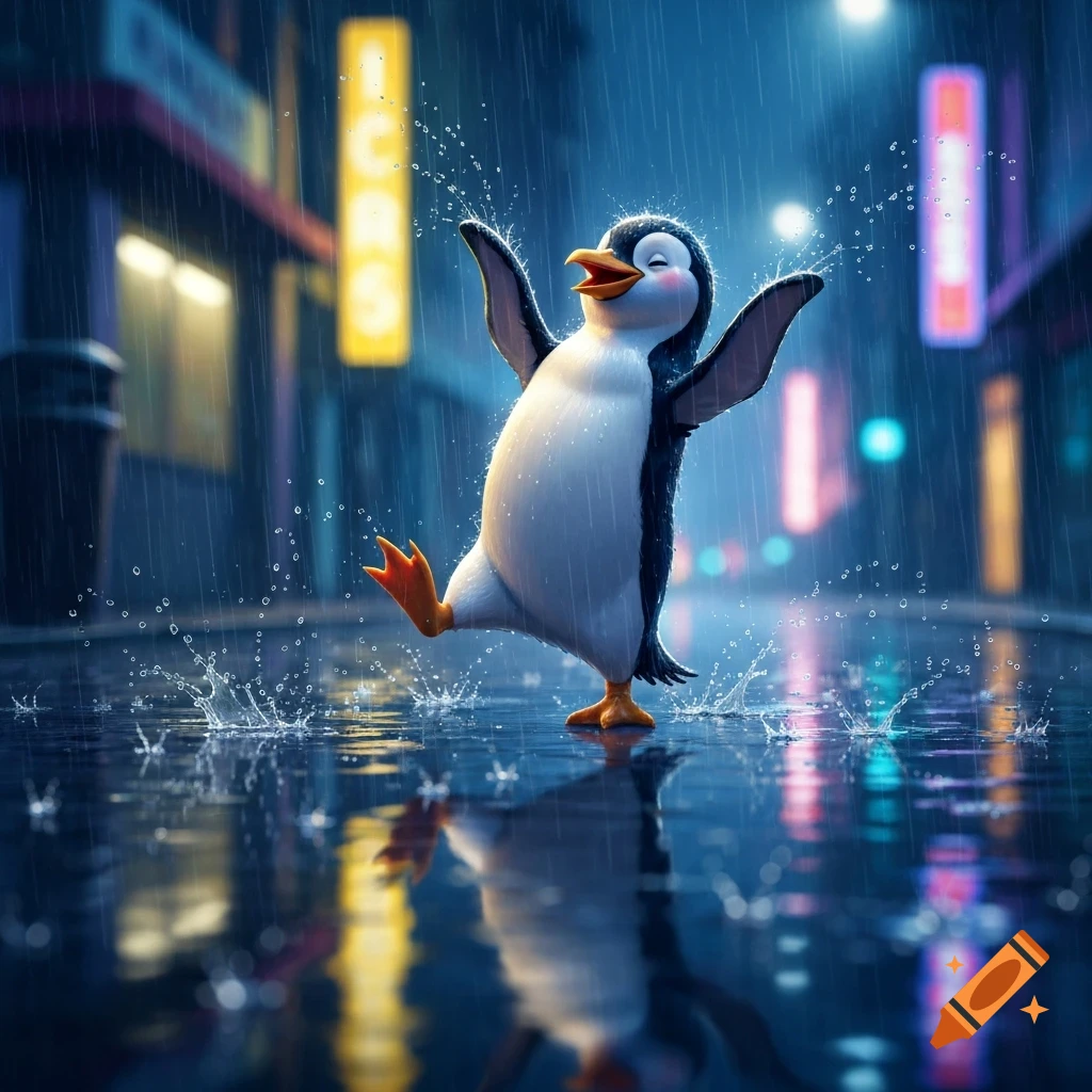 A happy cartoon penguin dancing and splashing in puddles on a rainy city street at night, with neon lights reflecting on the wet ground.