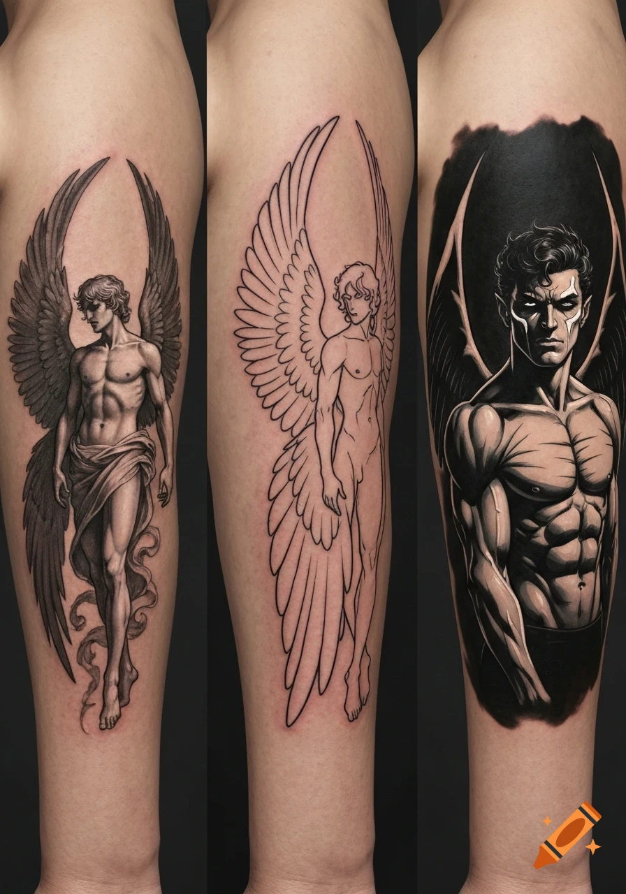 Three distinct tattoos of winged male figures, including an angel and a demon, on a person's arm.
