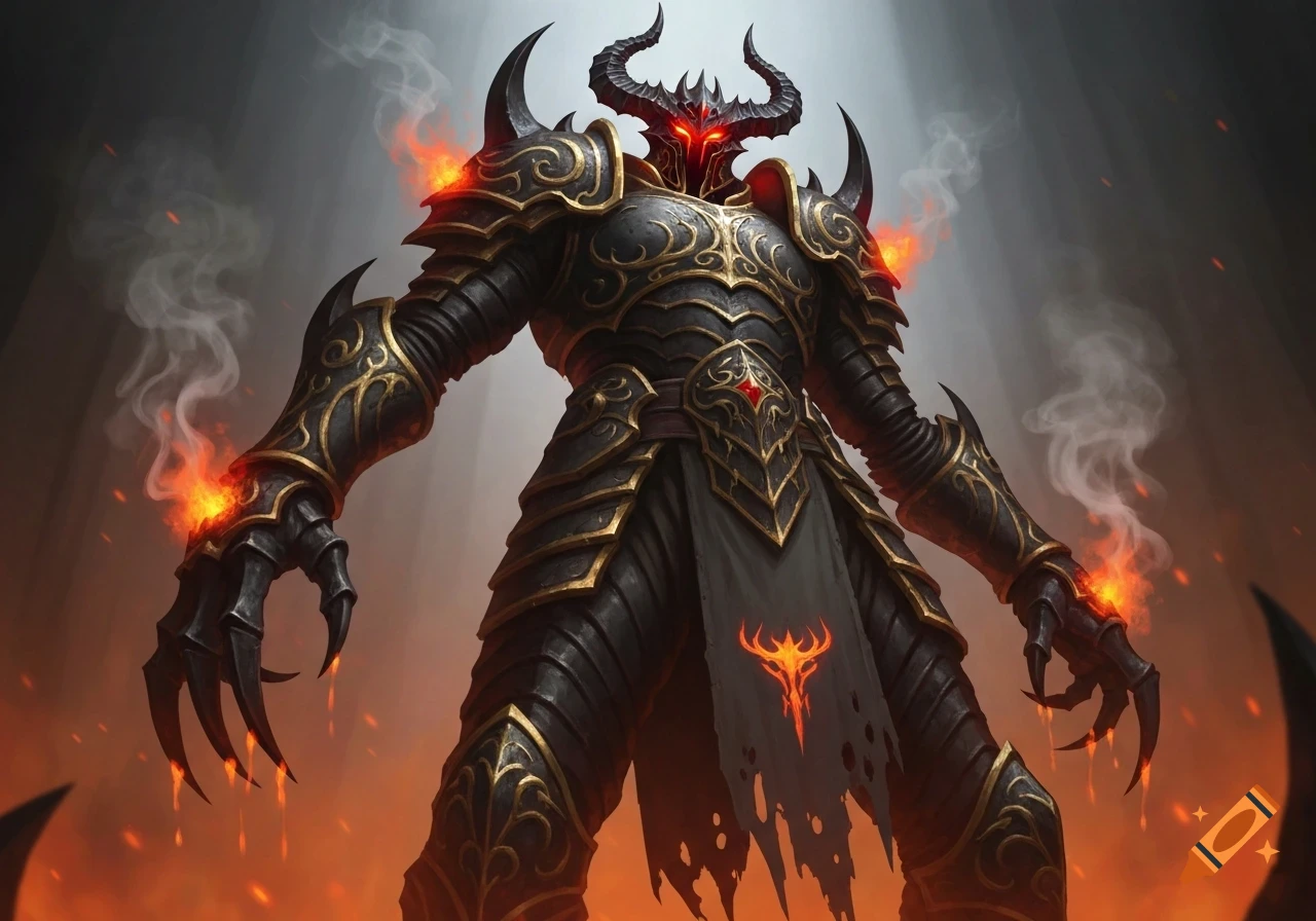 A towering, horned demonic figure in intricate black and gold armor, with glowing red eyes and fiery hands emitting smoke.