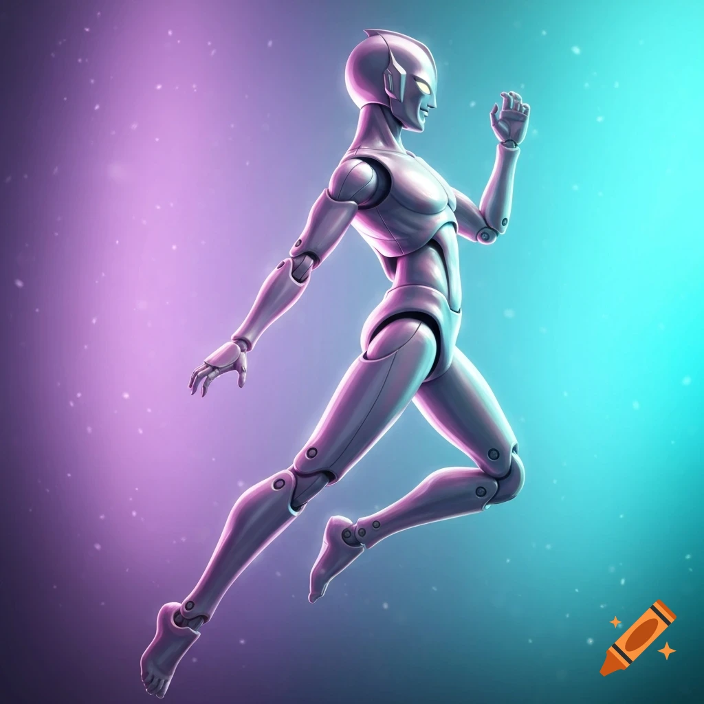 A silver, futuristic robot in a dynamic mid-air pose against a glowing purple and blue background with scattered light particles.