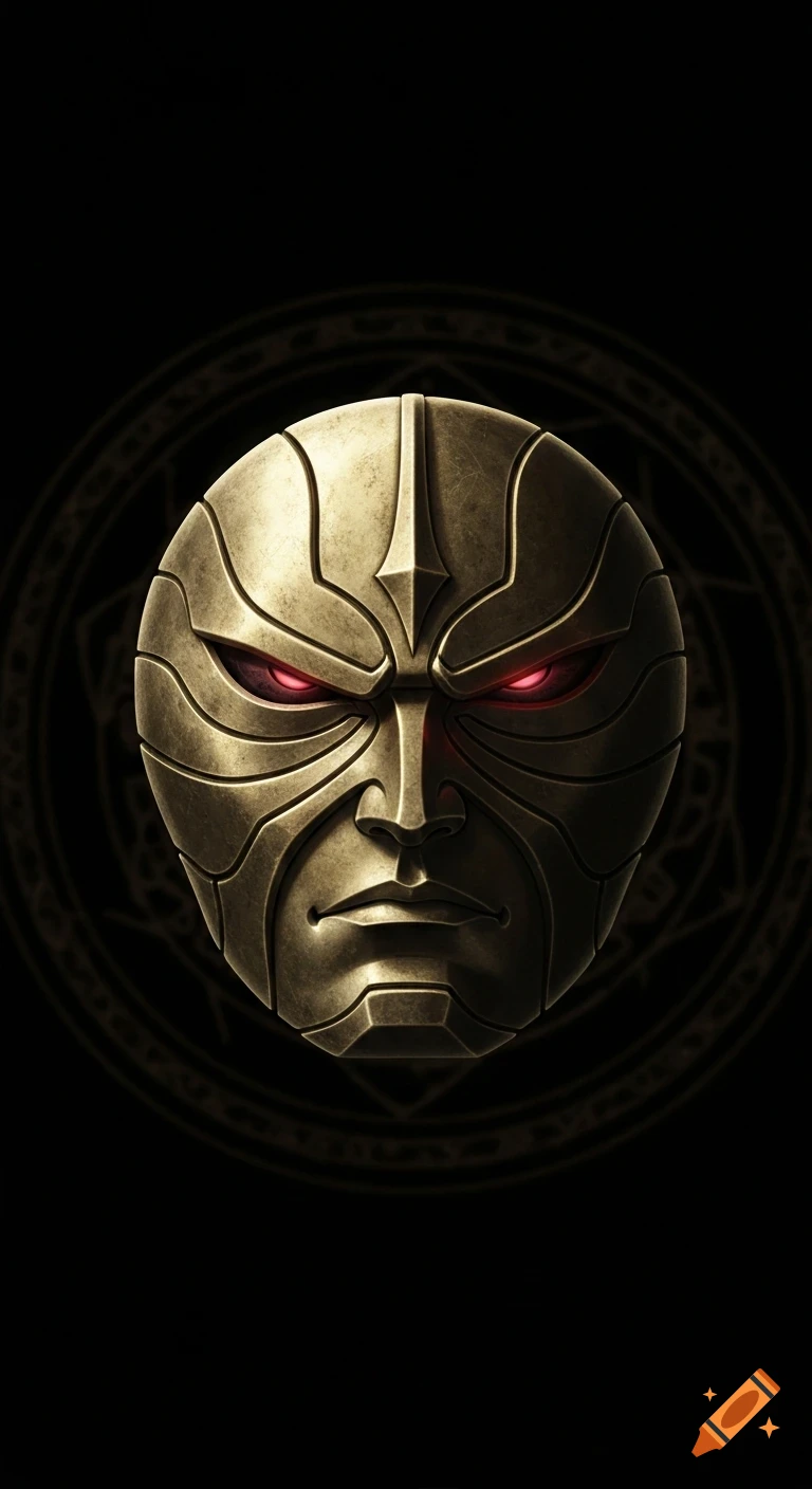 A gold metallic mask with a serious expression and glowing red eyes, set against a dark background with subtle ancient patterns. Stylized art.