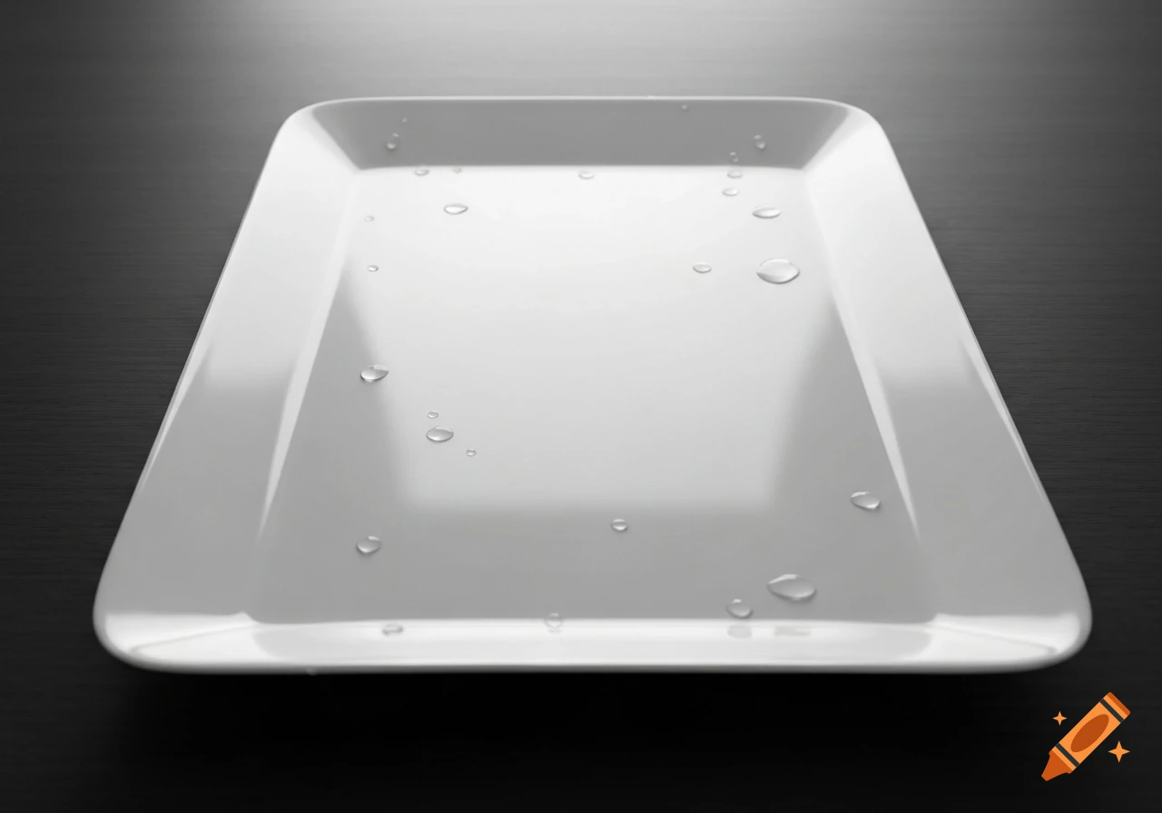 A white rectangular plate with water droplets on a dark, reflective surface, lit from above.