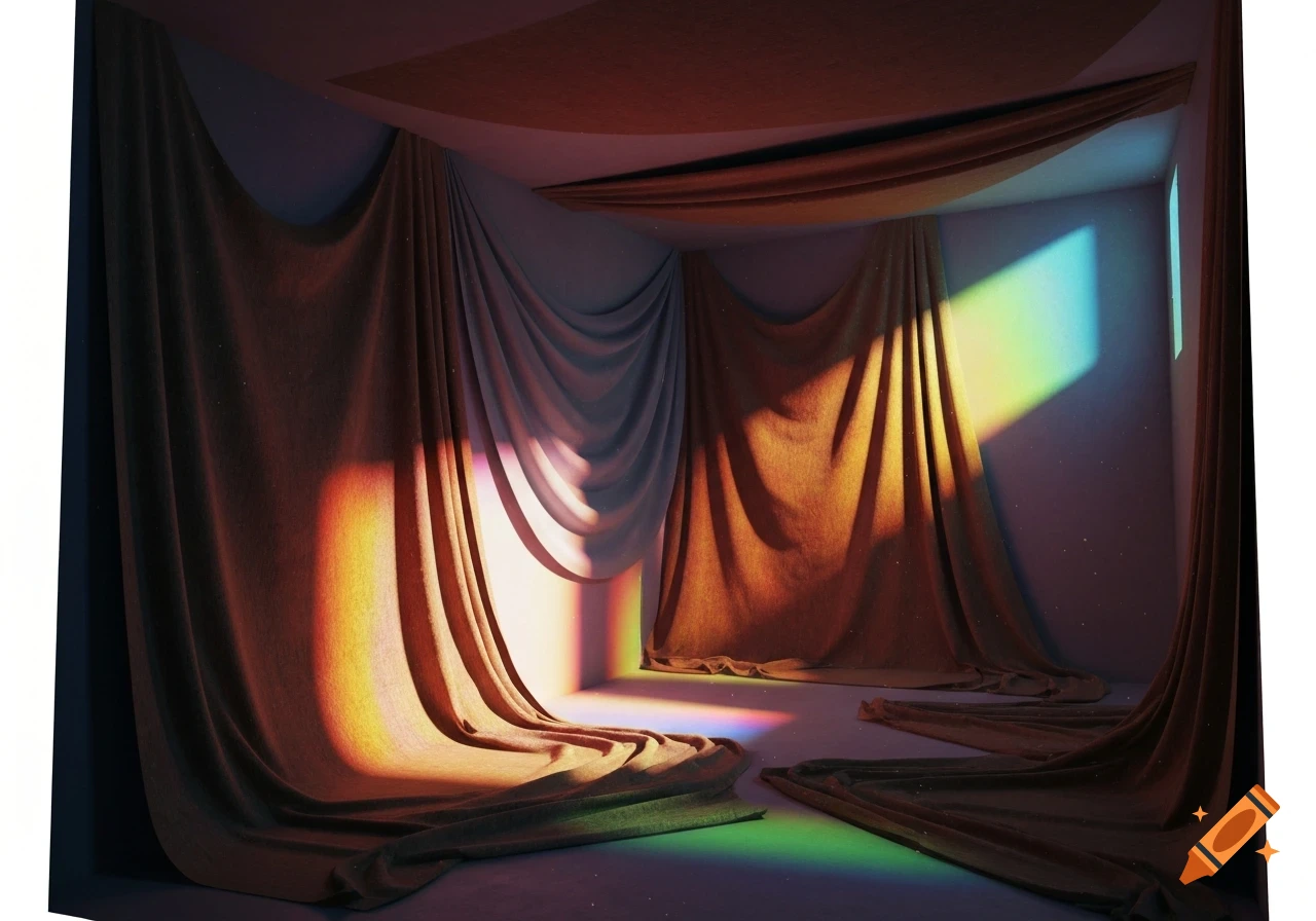 An abstract room with draped fabric walls, illuminated by colorful light spectrums on the drapes and floor.