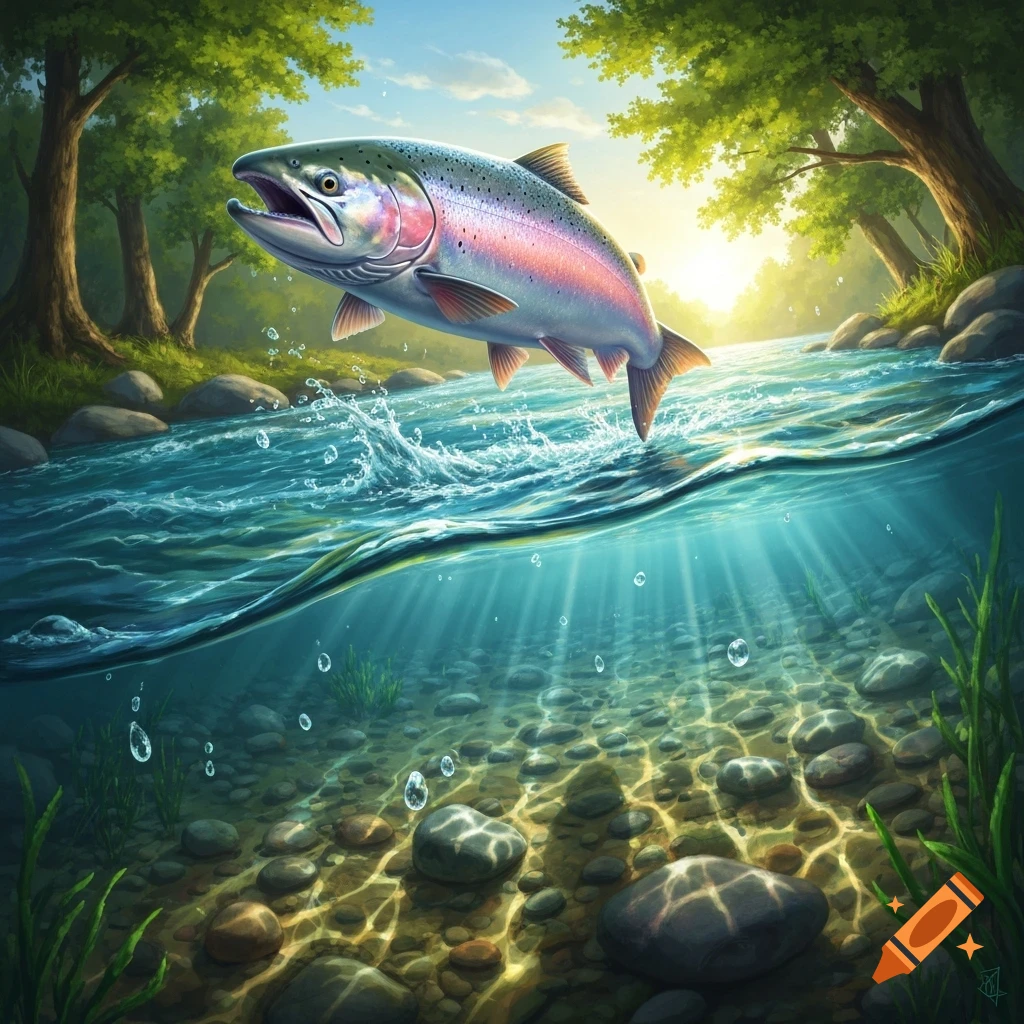 A vibrant rainbow trout leaps from a clear river, seen half above water with a sunny forest background and half below with rocks and light rays.