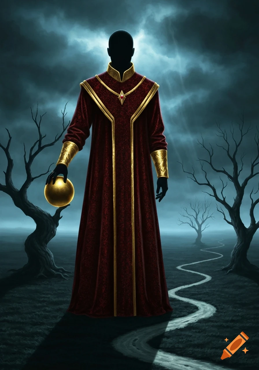 A stylized dark fantasy image of a faceless figure in a red and gold robe holding a golden orb, on a winding path through a barren landscape under a stormy sky.