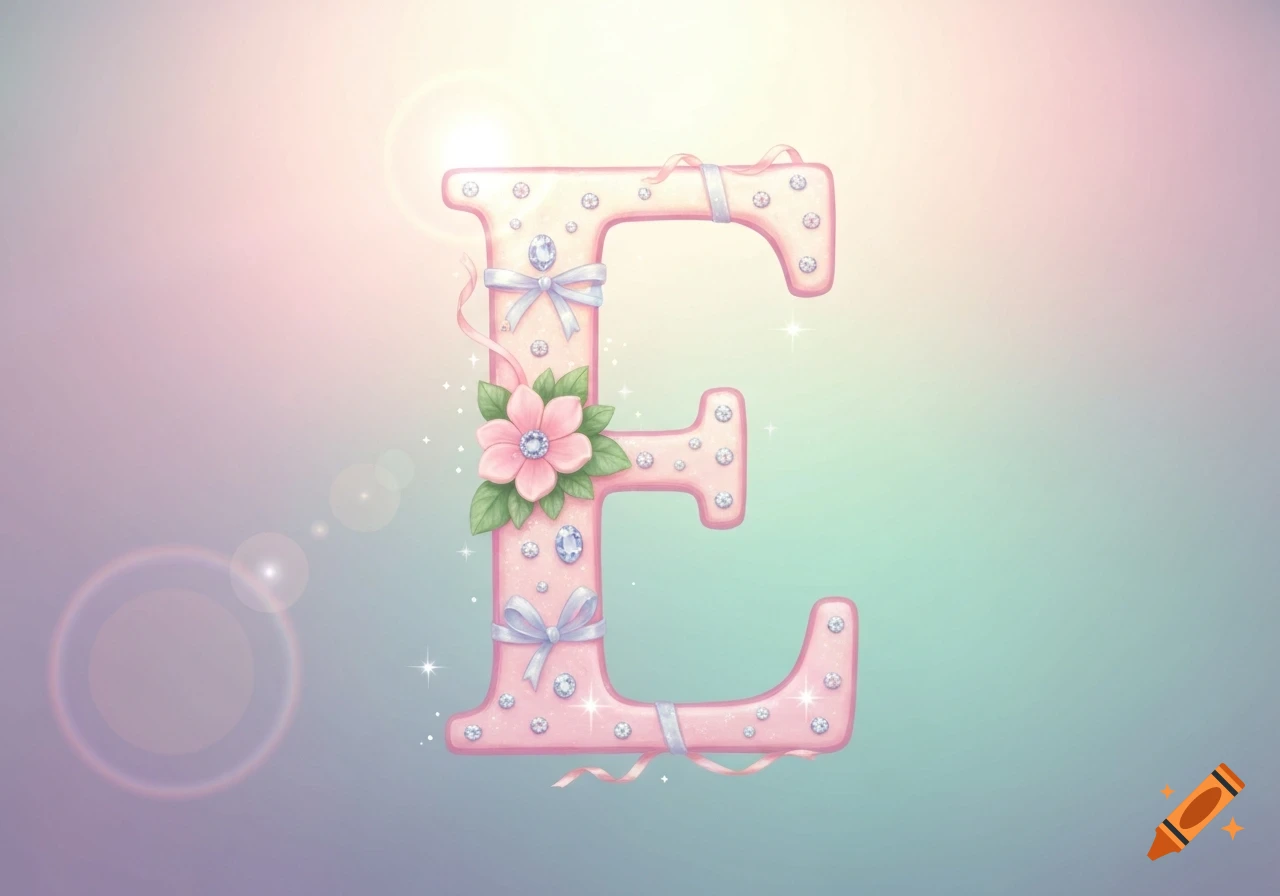 A decorated pastel pink letter E adorned with shiny gems, light blue bows, pink flowers, and green leaves on a soft gradient background.