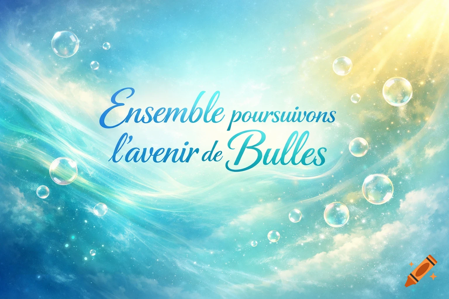 Ethereal blue and yellow sky with clouds, sunbeams, floating bubbles, and the text 'Ensemble poursuivons l'avenir de Bulles'.