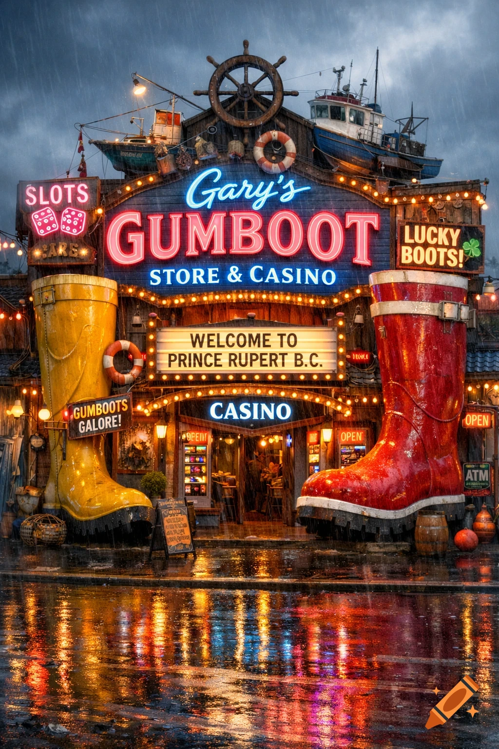 Rainy night outside Gary's Gumboot Store & Casino, featuring bright neon signs, a boat on the roof, and two giant boots, reflecting on wet pavement.