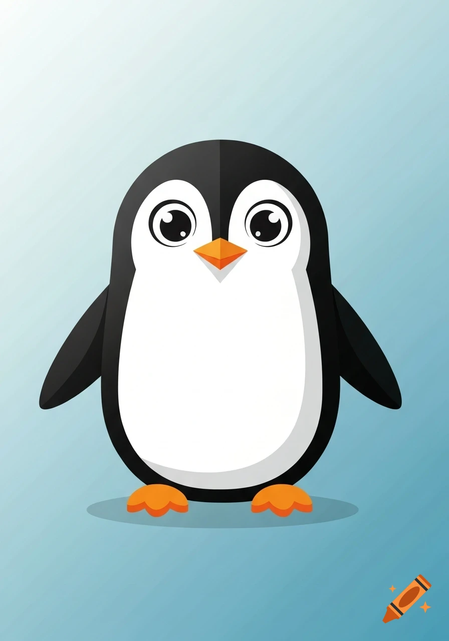 A cute cartoon penguin with black and white feathers, orange beak, and feet stands against a light blue background.