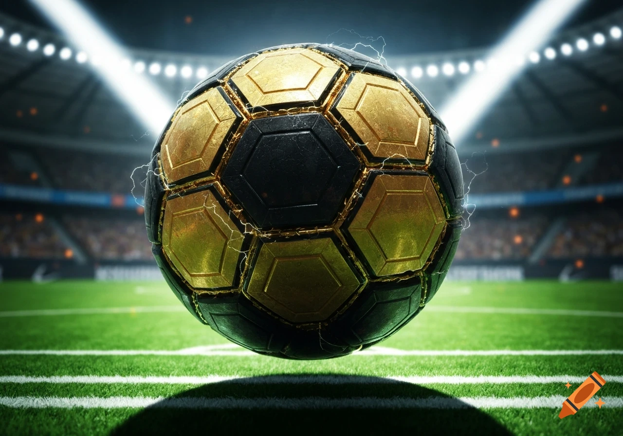 A black and gold soccer ball, with lightning effects, hovers over a stadium field under bright lights.