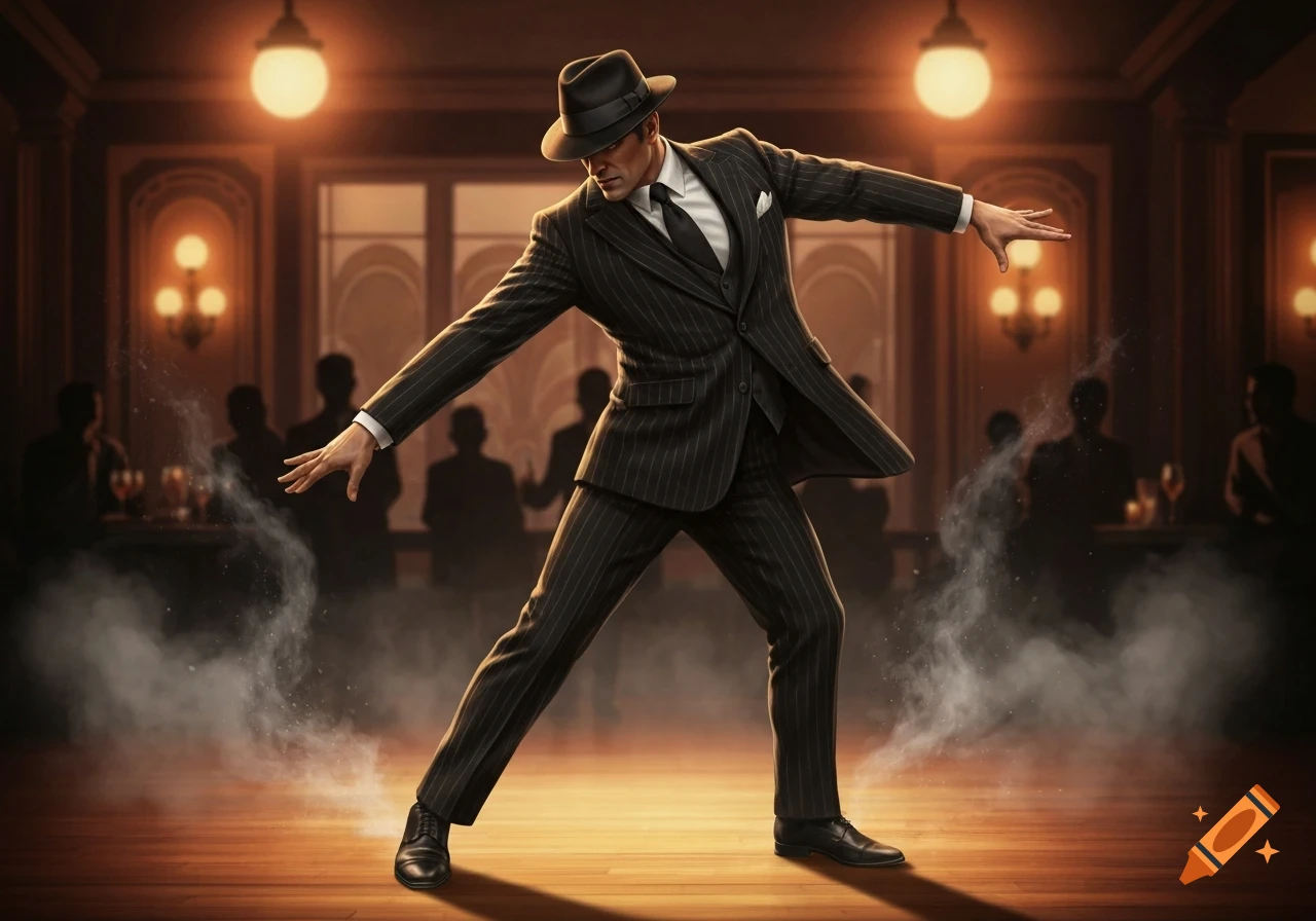 A man in a pinstripe suit and fedora dances dramatically on a wooden floor, surrounded by smoke in a dimly lit vintage club.