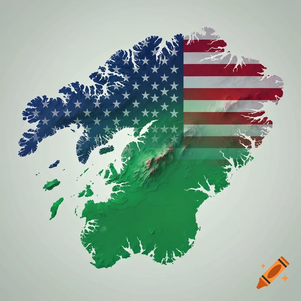 Topographic map of Greenland overlaid with the blue field of stars and red and white stripes of the American flag.