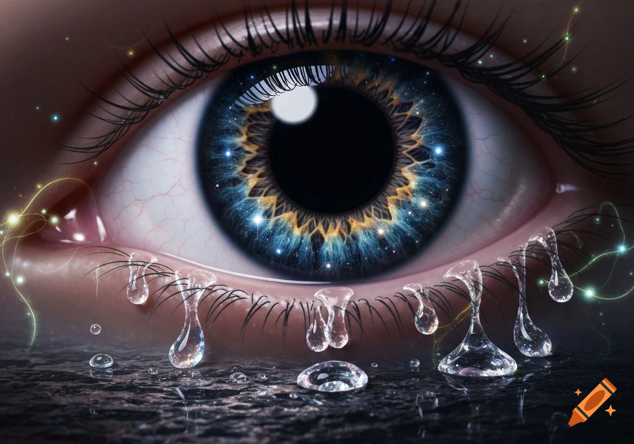 Close-up of a surreal eye with a galaxy in its blue and gold iris, featuring crystal teardrops falling onto a dark surface with glowing light trails.