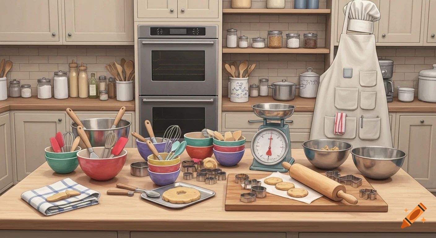 A kitchen counter displaying baking tools like colorful bowls, spatulas, a rolling pin, cookie cutters, cookie dough, with ovens and an apron in the background.