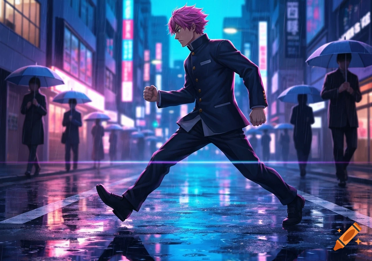 An anime man with pink hair in a school uniform strides through a rainy, neon-lit city street at night.