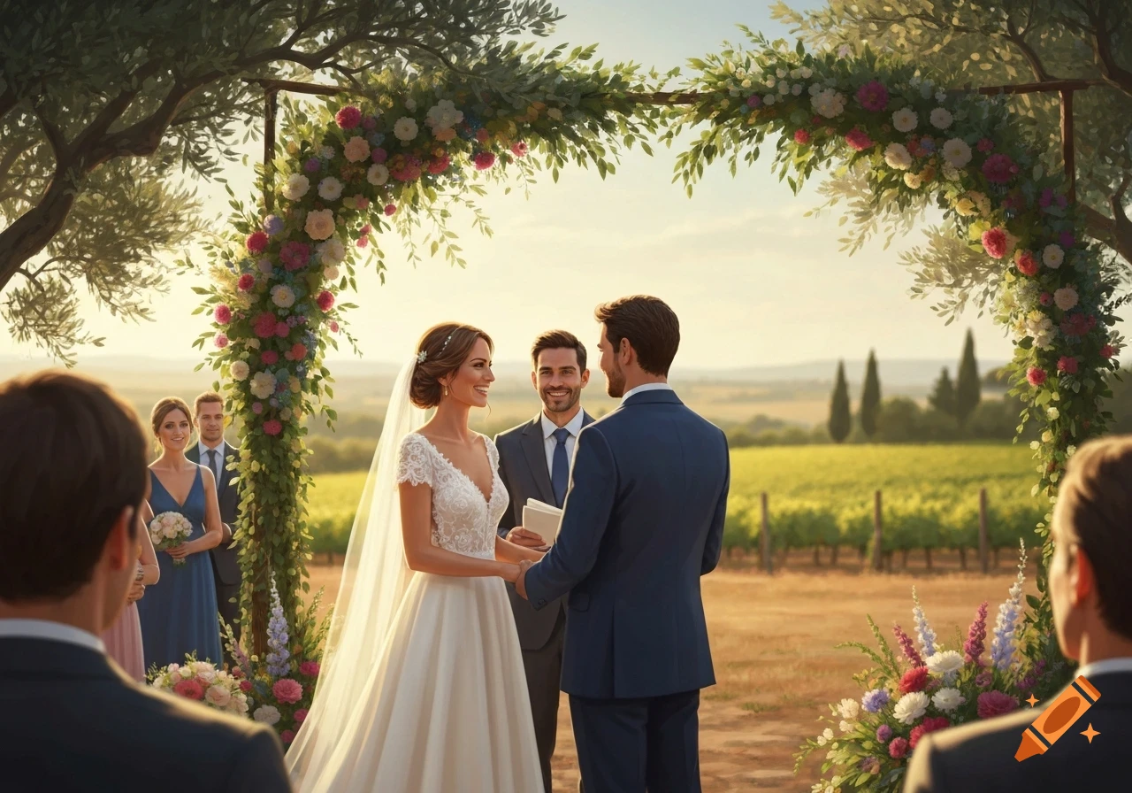 A happy couple exchanges vows during an outdoor wedding ceremony under a floral arch in a sunny vineyard.