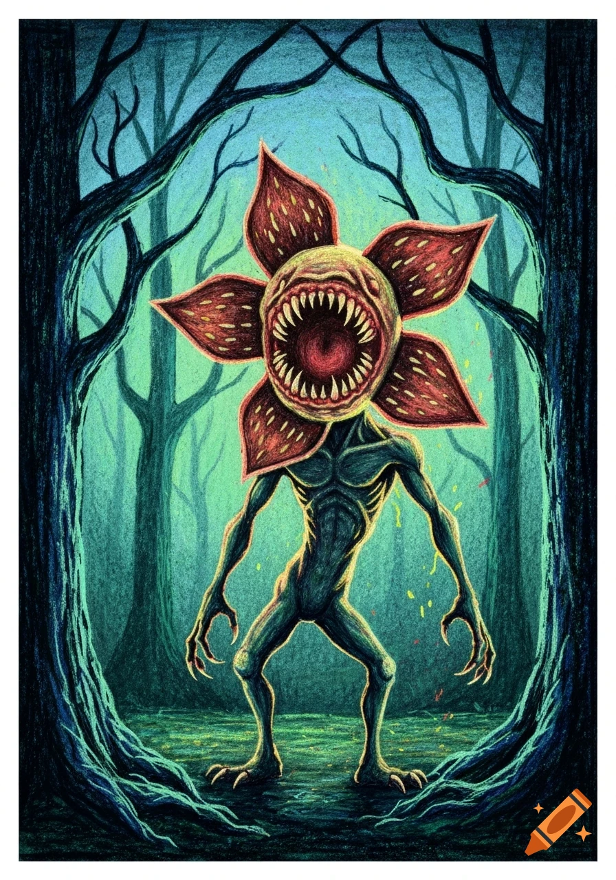A crayon drawing of a Demogorgon with a flower-like head and sharp teeth, standing in a dark, eerie forest.