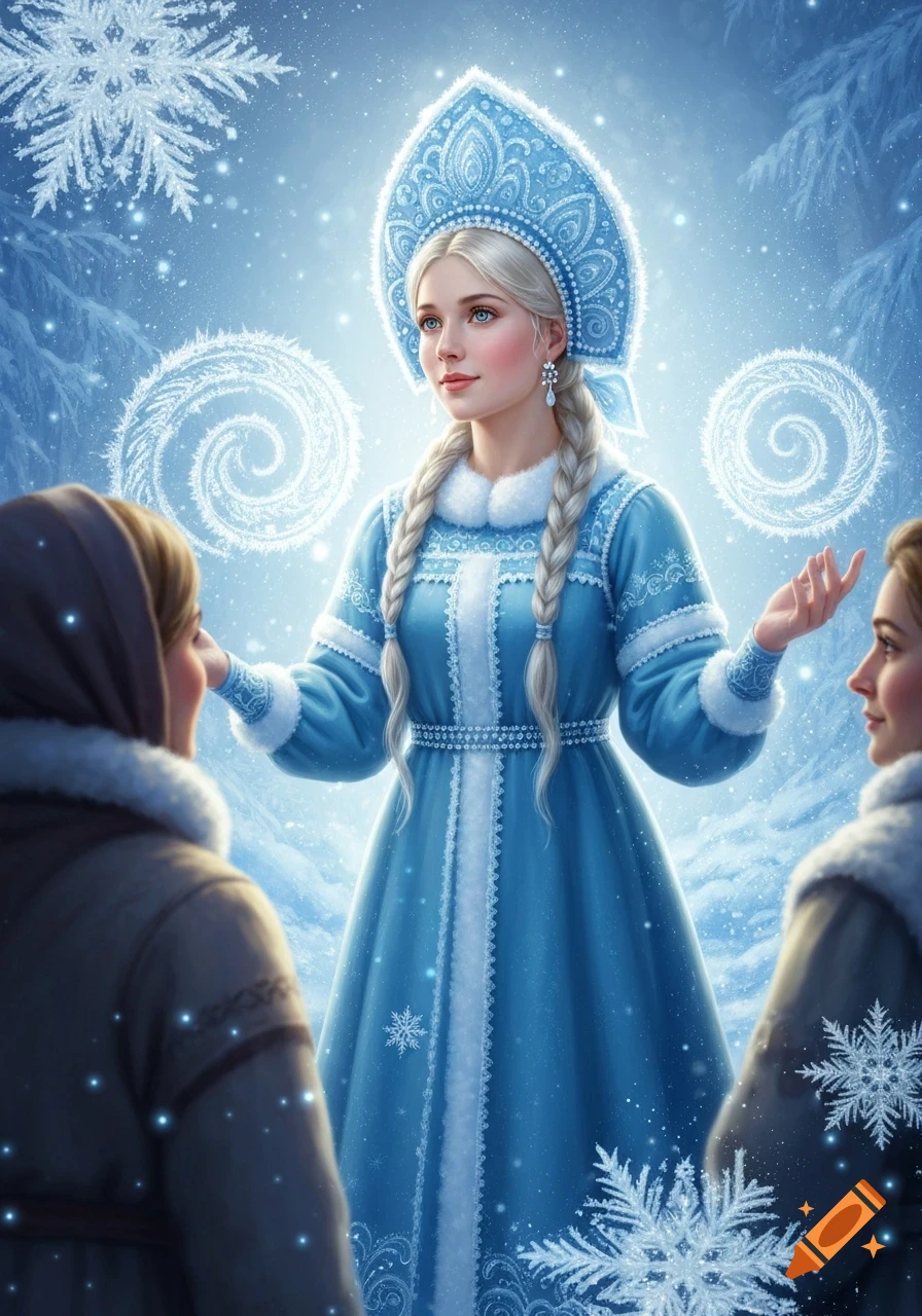 Snegurochka in icy-blue traditional clothing and kokoshnik in a magical, snowy winter scene with glowing swirls, interacting with two figures, fantasy art.