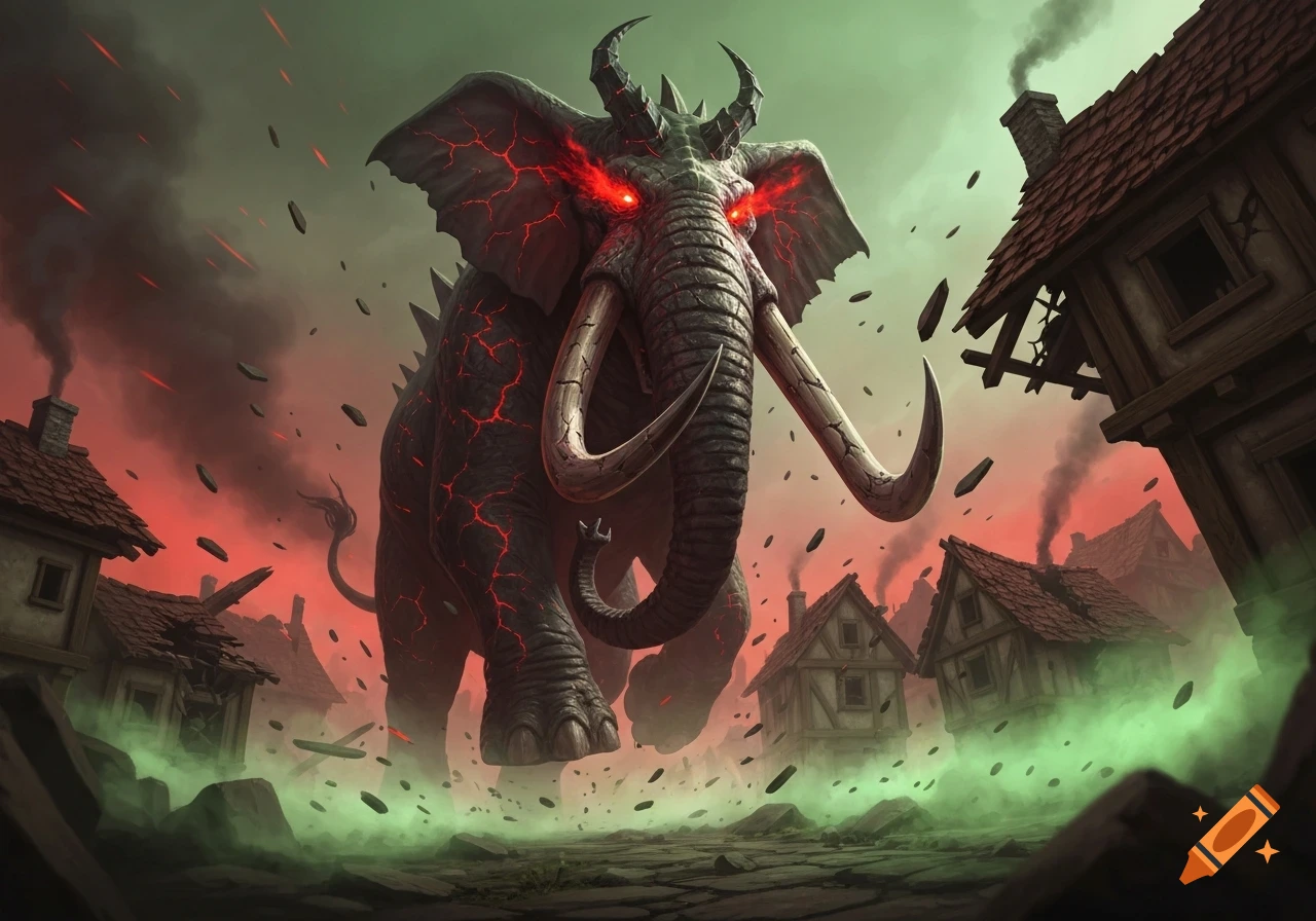A giant, demonic elephant with glowing red eyes and tusks rampages through a village under a stormy red and green sky, causing destruction.