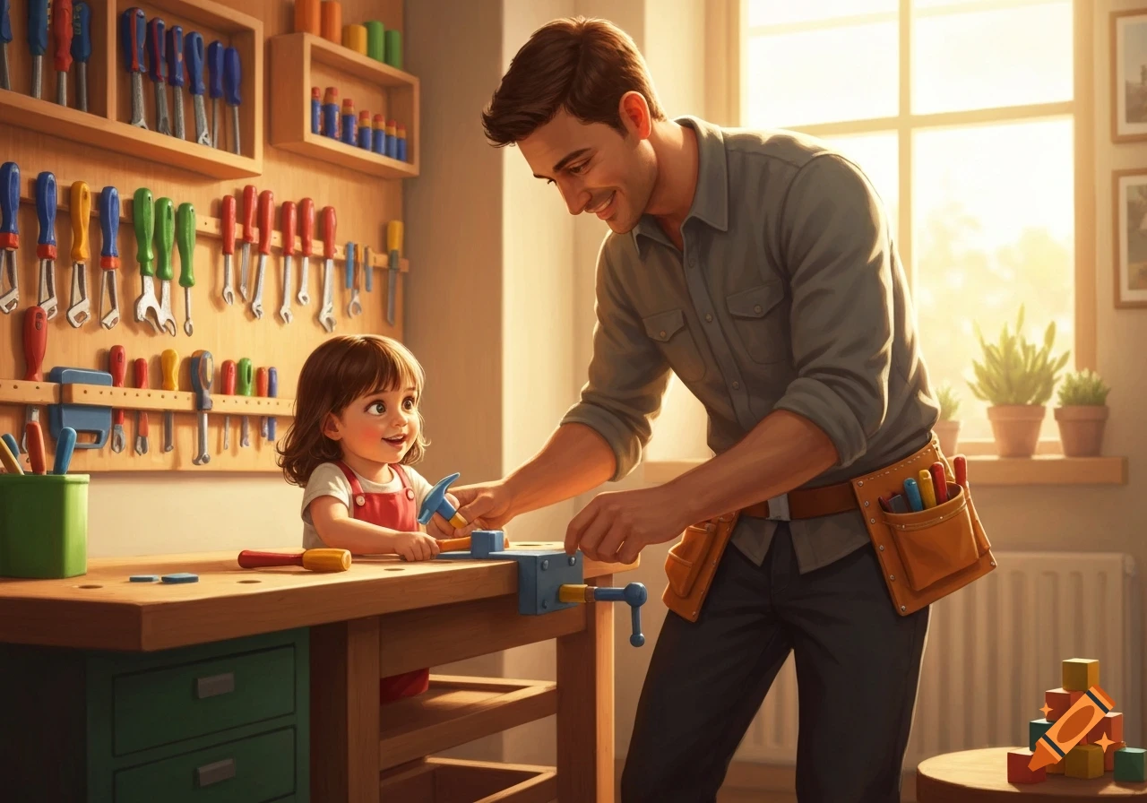A man teaches a young child to use a hammer and vise in a bright, illustrated workshop.