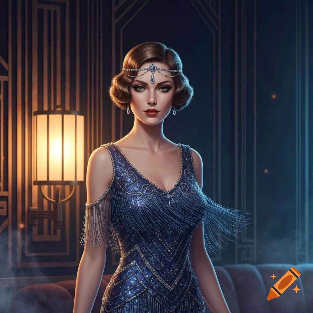 Elegant woman in a shimmering blue 1920s flapper dress and beaded headpiece, standing in an Art Deco room with a lit lamp.