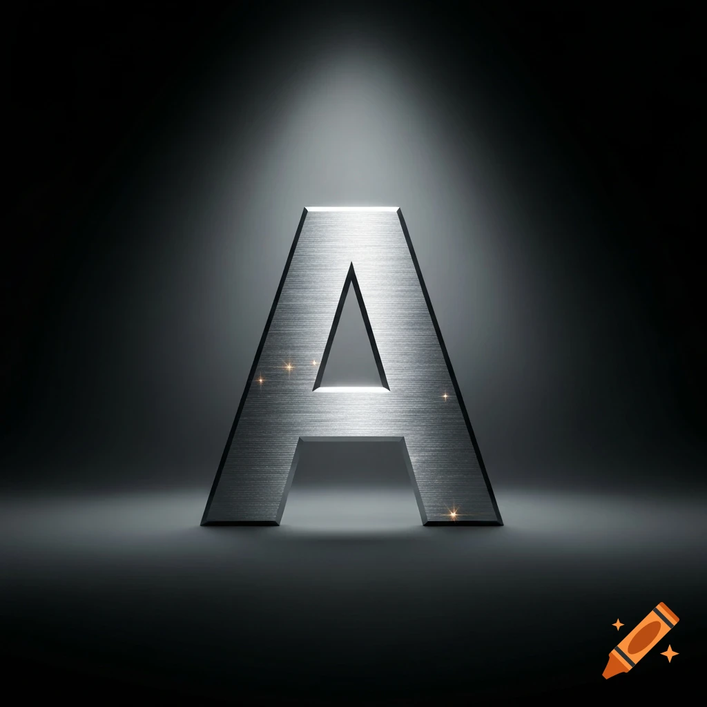 A metallic, brushed silver letter A stands upright in a dramatic spotlight on a dark surface.
