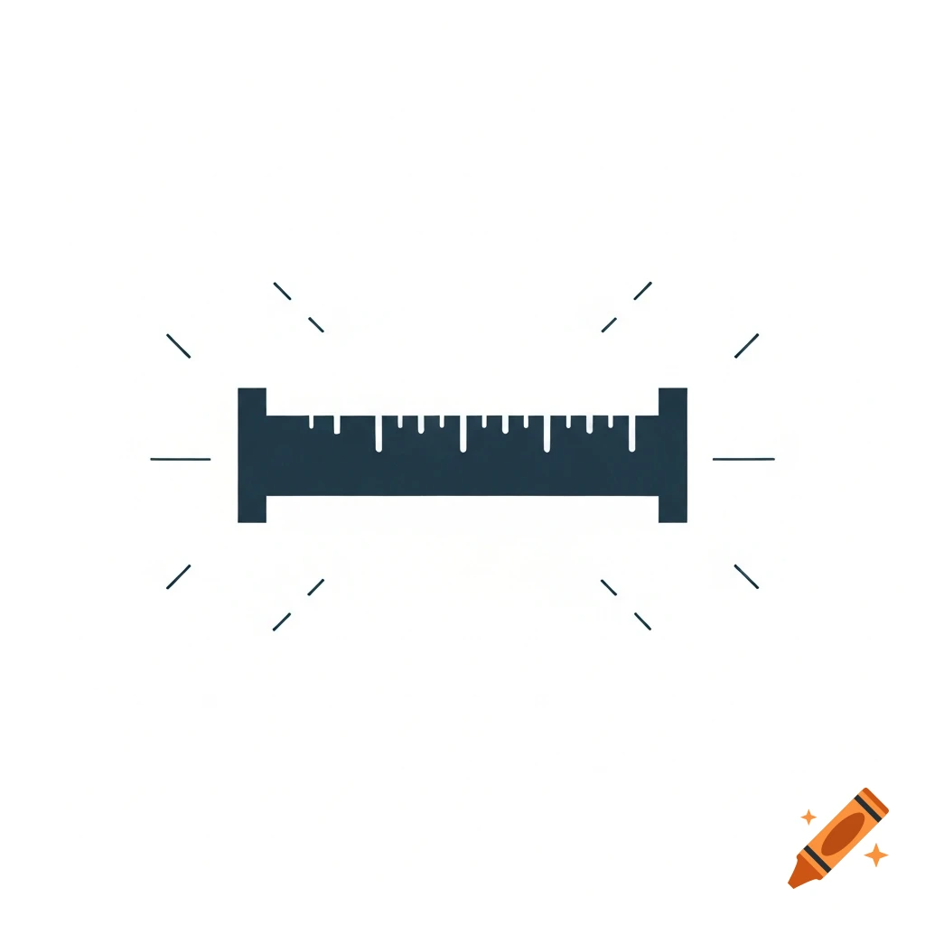 Minimalist dark blue ruler pictogram with measurement markings, surrounded by radiating lines on a white background.