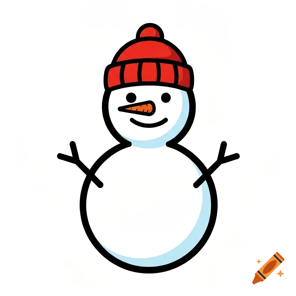 A smiling, simple comic-style snowman wearing a red beanie, with a carrot nose and stick arms, on a white background.