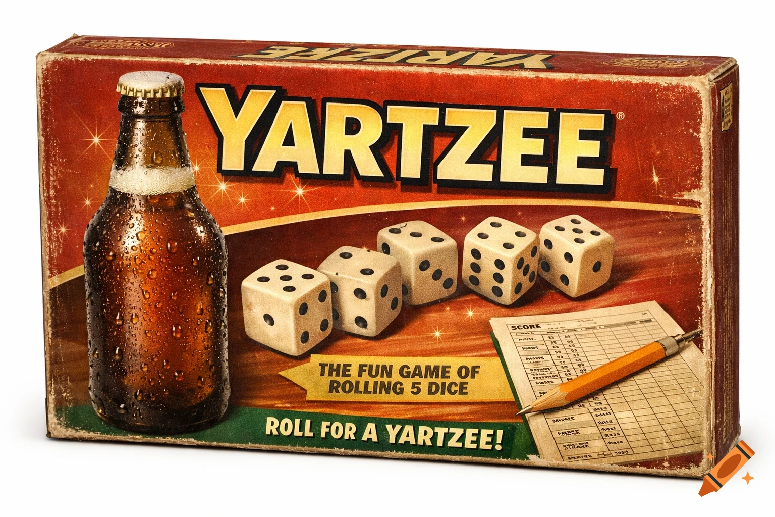 A vintage-style YARTZEE game box features a cold, dewy beer bottle, five dice, a score sheet, and a pencil.
