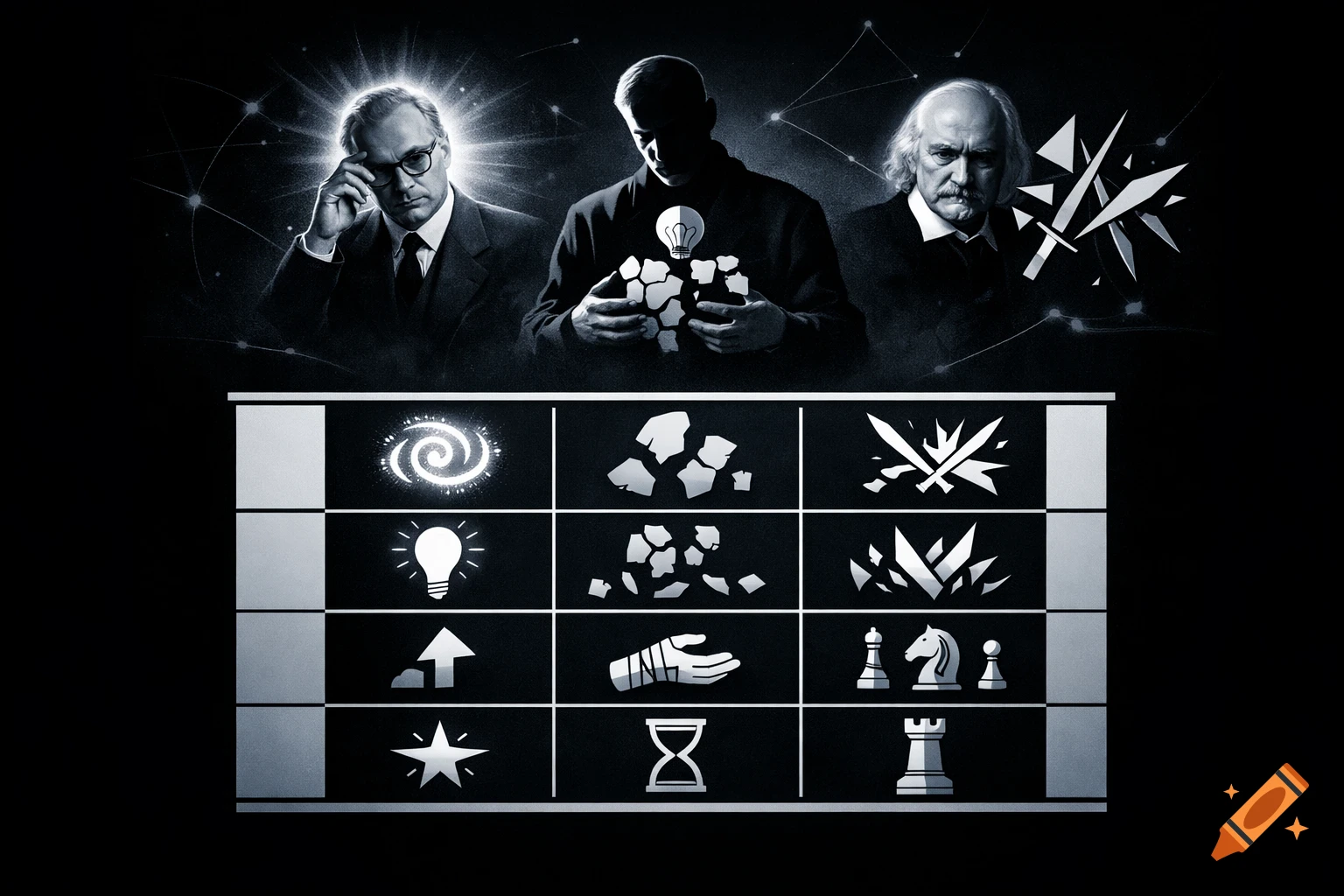 Three black and white portraits of men above a grid of abstract and symbolic icons including lightbulbs, broken fragments, chess pieces, and an hourglass.