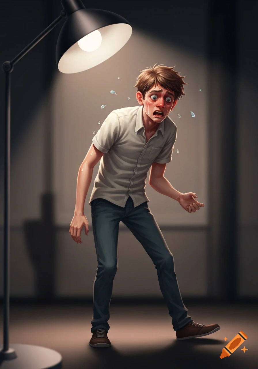 An anxious man sweats and looks distraught under a bright spotlight in a dramatic illustration.