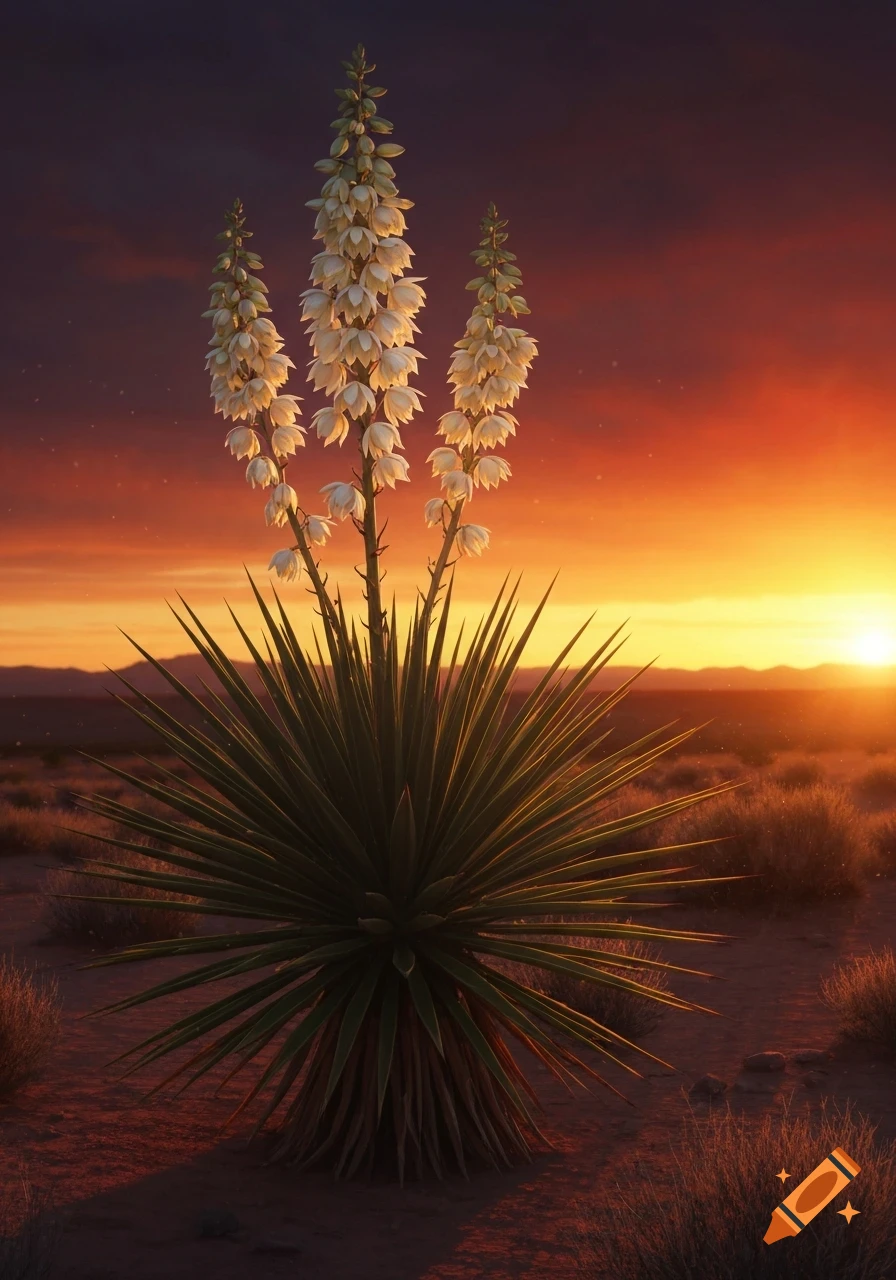 A close-up of a yucca plant with tall white flower spikes against a vibrant orange and purple desert sunset.