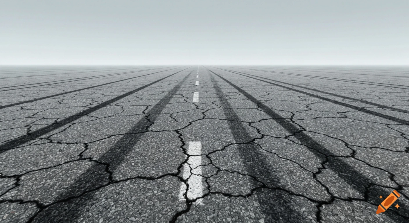 A cracked asphalt road with tire marks stretches into the hazy distance under a pale sky.