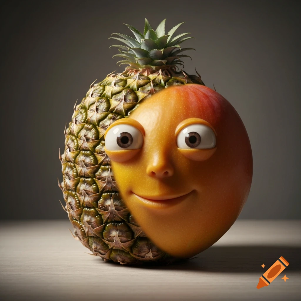 A pineapple and a mango merged into one, with the mango half featuring large, wide cartoon eyes and a subtle smile.