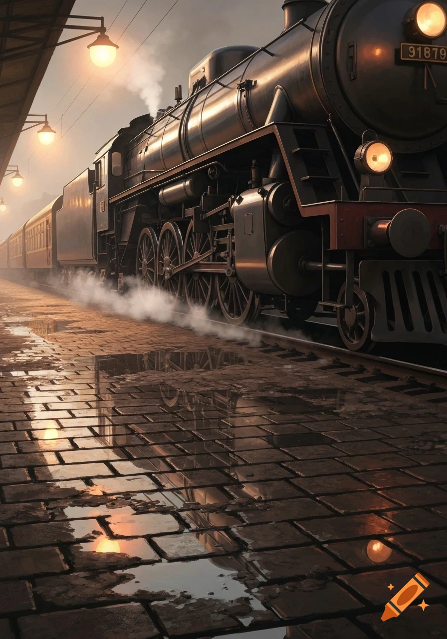 Photorealistic steam train at a station platform with puddles reflecting lights on the wet brick.