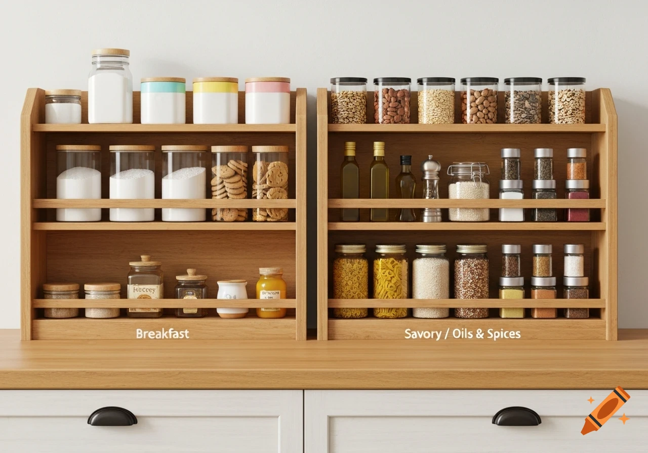 Two realistic wooden kitchen shelves on a countertop, one labeled 'Breakfast' with cereal and cookies, and the other 'Savory / Oils & Spices' with nuts, oils, and spices.