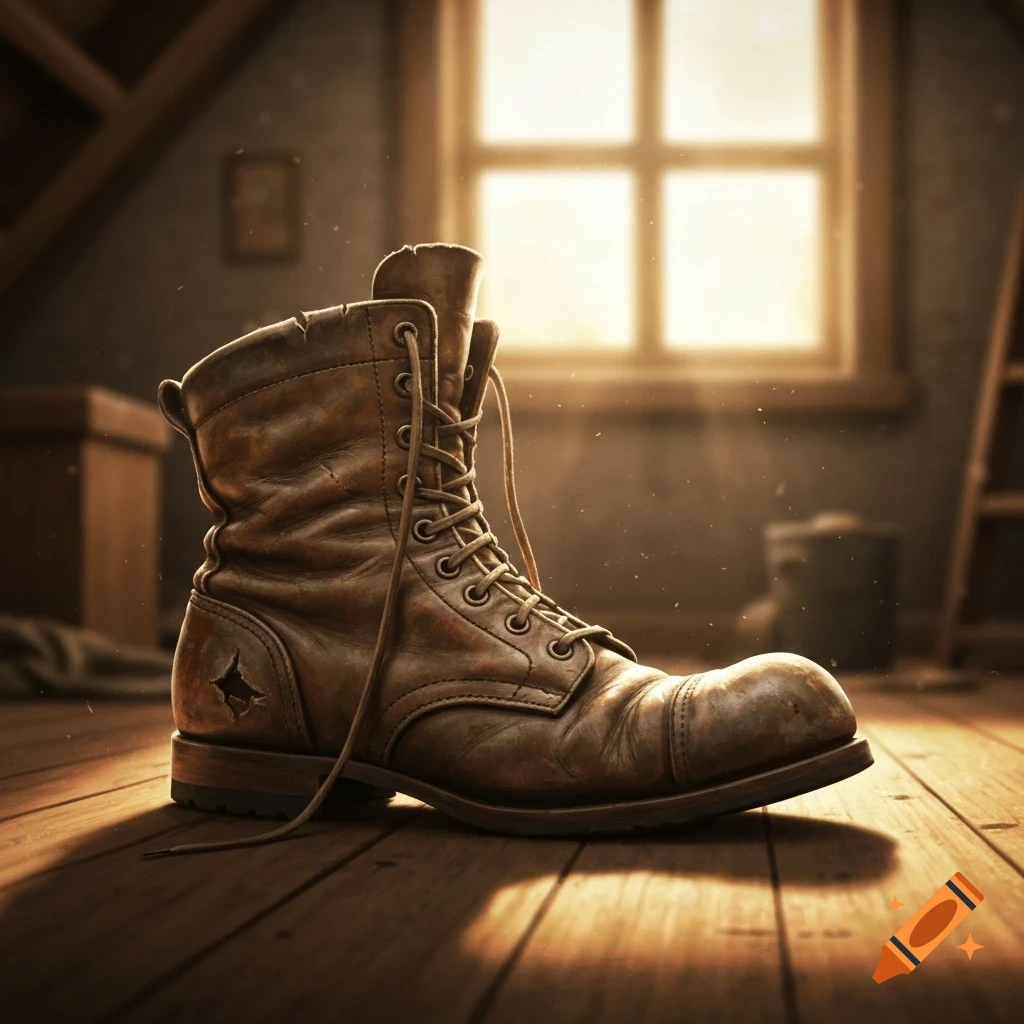 A single worn, brown leather boot sits on a dusty wooden floor, illuminated by golden light from a window in an attic.