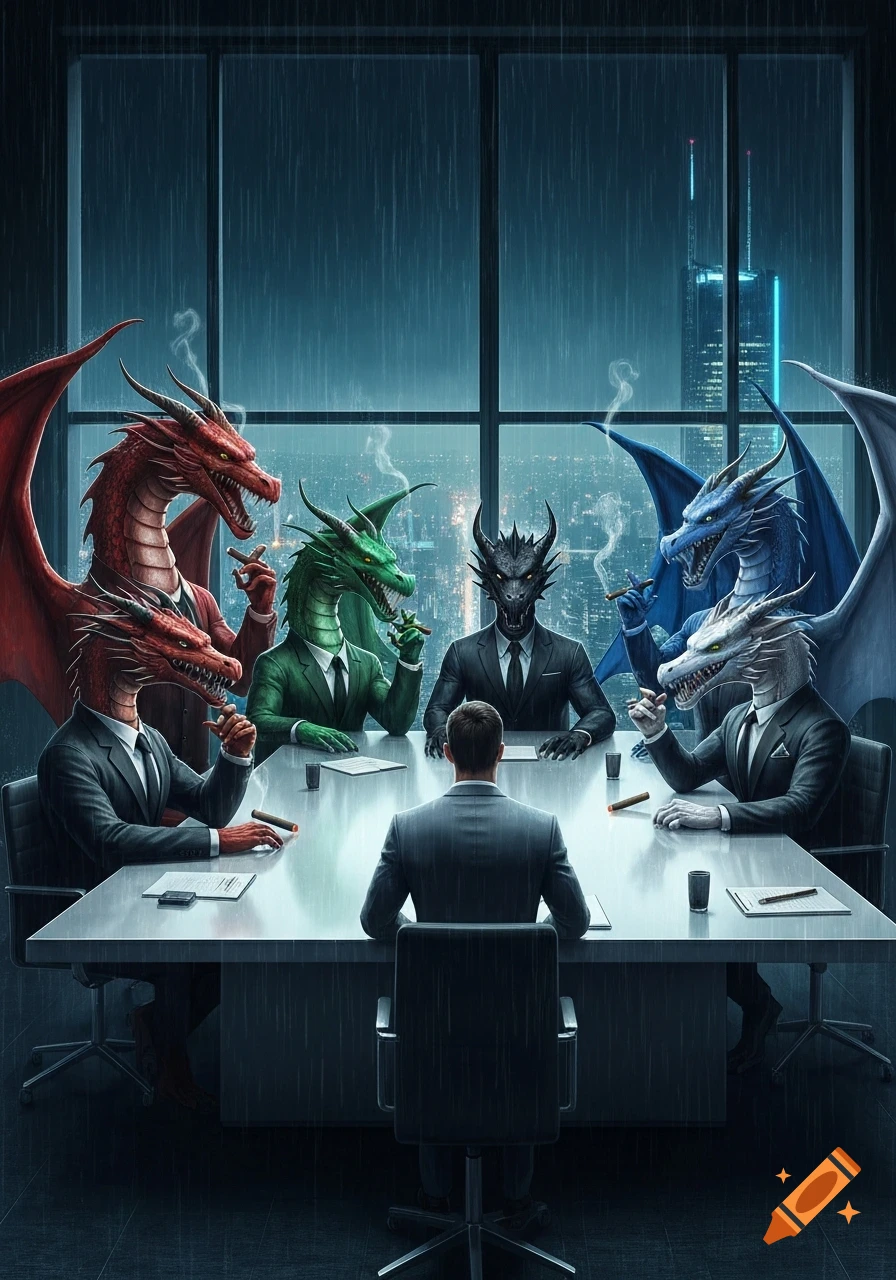 A human and five dragons in suits meet at a corporate table in a high-rise office overlooking a rainy cyberpunk city.